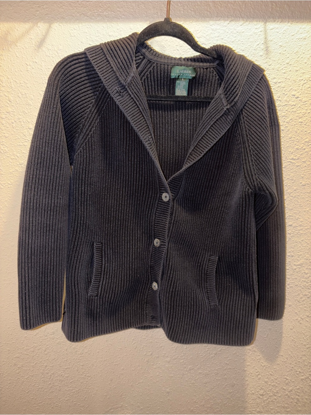 Lauren Ralph Lauren Navy Ribbed Knit Sweater Hooded Men Size S Women L 100% Cott